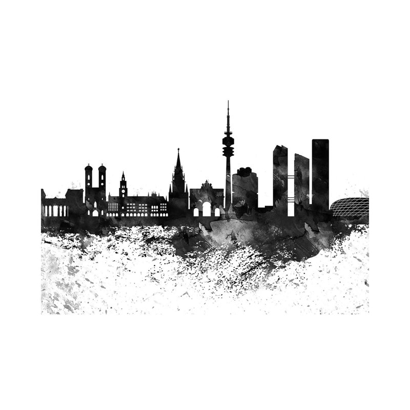 Munich Black & White Drops Skyline by Wall Decor Addict - Wrapped Canvas Painting, 101.6 cm H x 66.04 cm W x 3.175 cm D