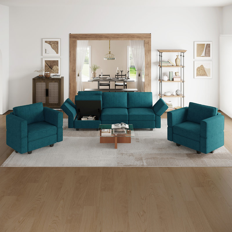 Ensemble de canapé modulaire en mélange de polyester 3 pièces Kimbrel, Bleu