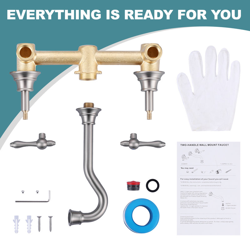 Brass 3 Hole Wall Mounted 8 In. Widespread Double Handle Bathroom Faucet With Brass Value, Stainless Steel