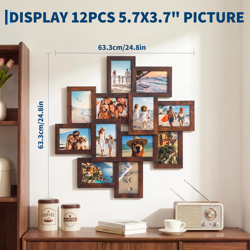 Cadre photo mural collage, 12 ouvertures, grille diamant 3,7 x 5,7 pouces, structure en MDF avec façade en verre, fixation murale pour un changement de photos facile.