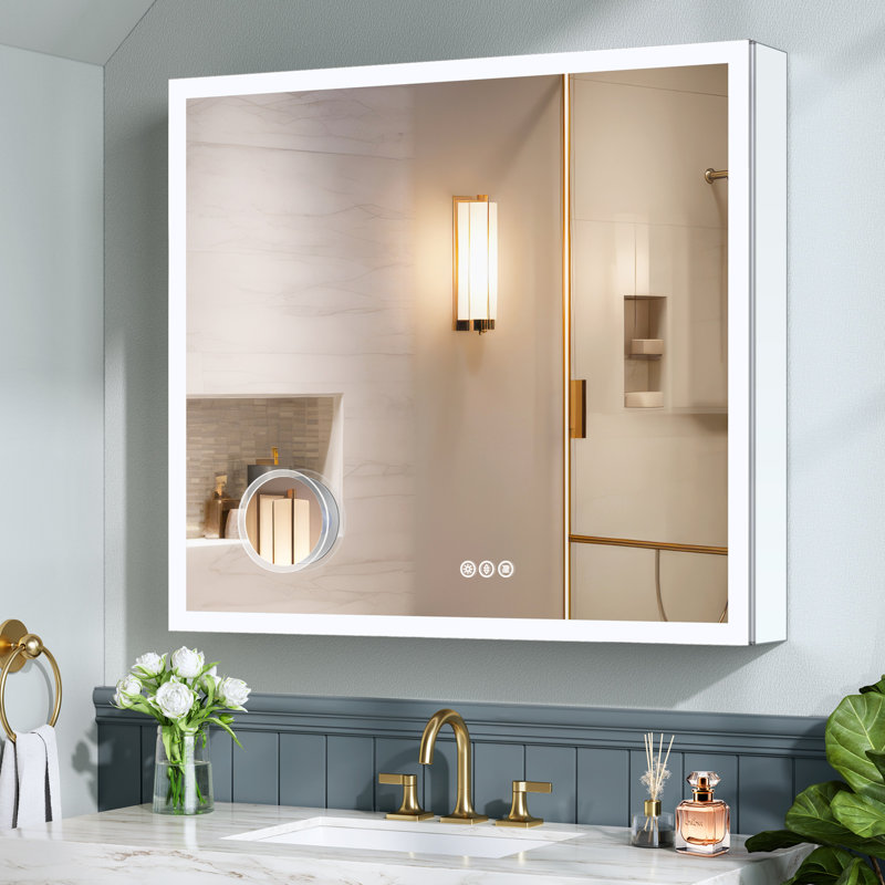 Recessed or Surface LED Mirror Medicine Cabinet, Defogger, Touch Sensor, Dimmer, Outlets and USBs, 32" H x 36" W x 5.4" D