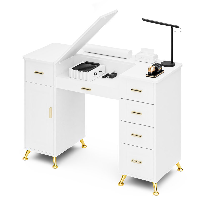 Manicure Table with Removable Panel, Nail Tech Desk with Dust Collector, Drawers & Storage, Nail Station for Salon or Home Studio