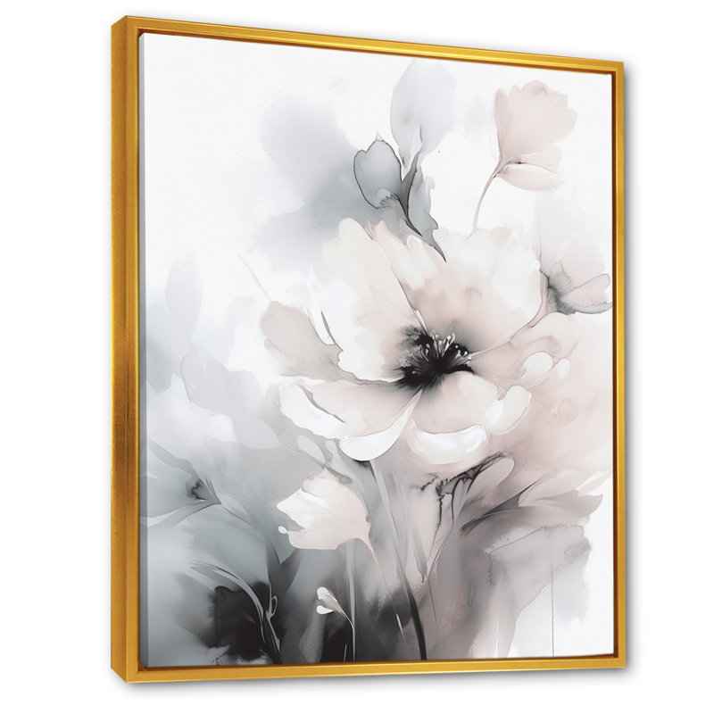 Douces fleurs gris clair I - art mural floral, H 40 po x l 30 po, Cadre flottant doré