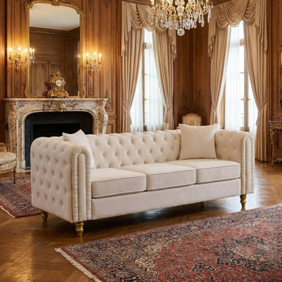 Velvet Chesterfield Sofa with Rolled Arms and Gold Accents