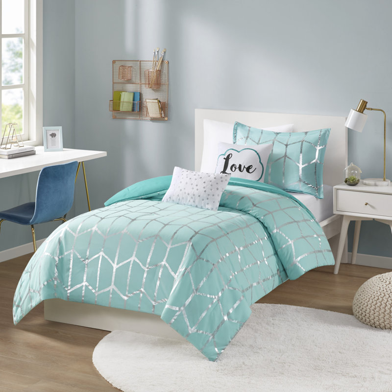 Aqua Twin Raina Metallic Printed Comforter Set , Twin/Twin XL Comforter + 1 Sham + 2 Throw Pillow, Aqua/Silver