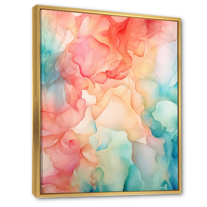 «Orange and Teal Enchanted Spills», art mural abstrait sur toile, H 32 po x l 16 po x P 1 po, Cadre flottant doré