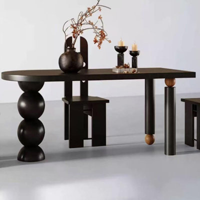 Black+Brown Half-circle Solid Wood Dining Table