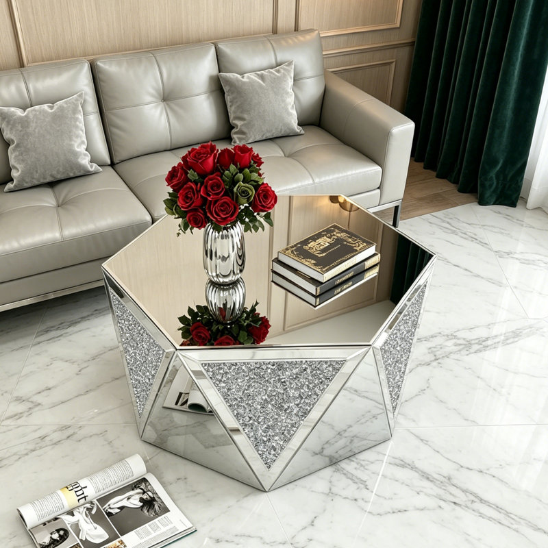Amla  Hexagonal Glass Coffee Table Drum Mirrored Top center table for living room