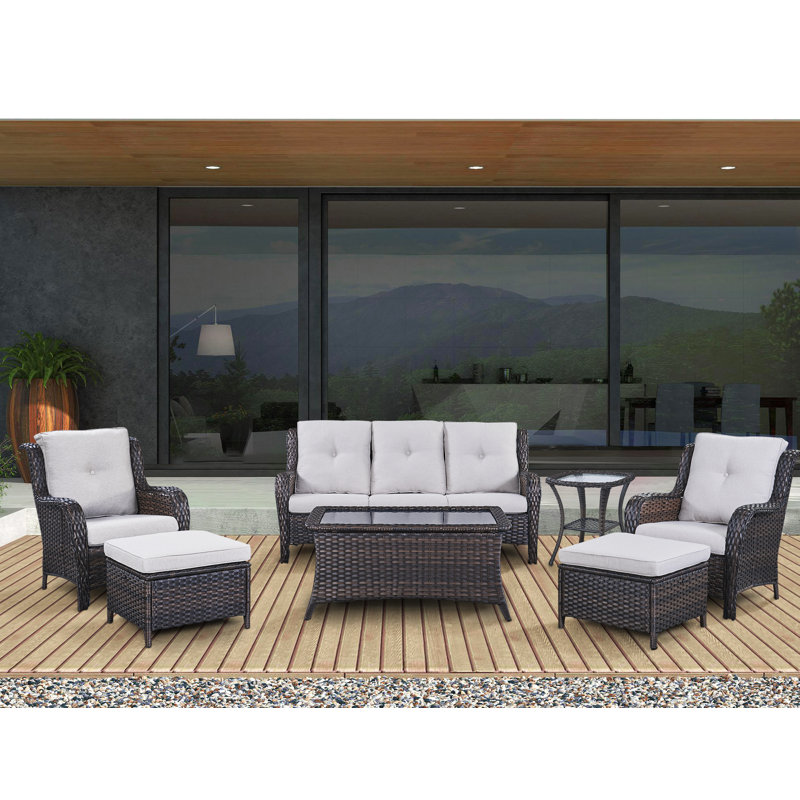 Ensemble de conversation en osier pour 5 personnes avec coussins Bonia Polyéthylène (PE), Beige, Brun