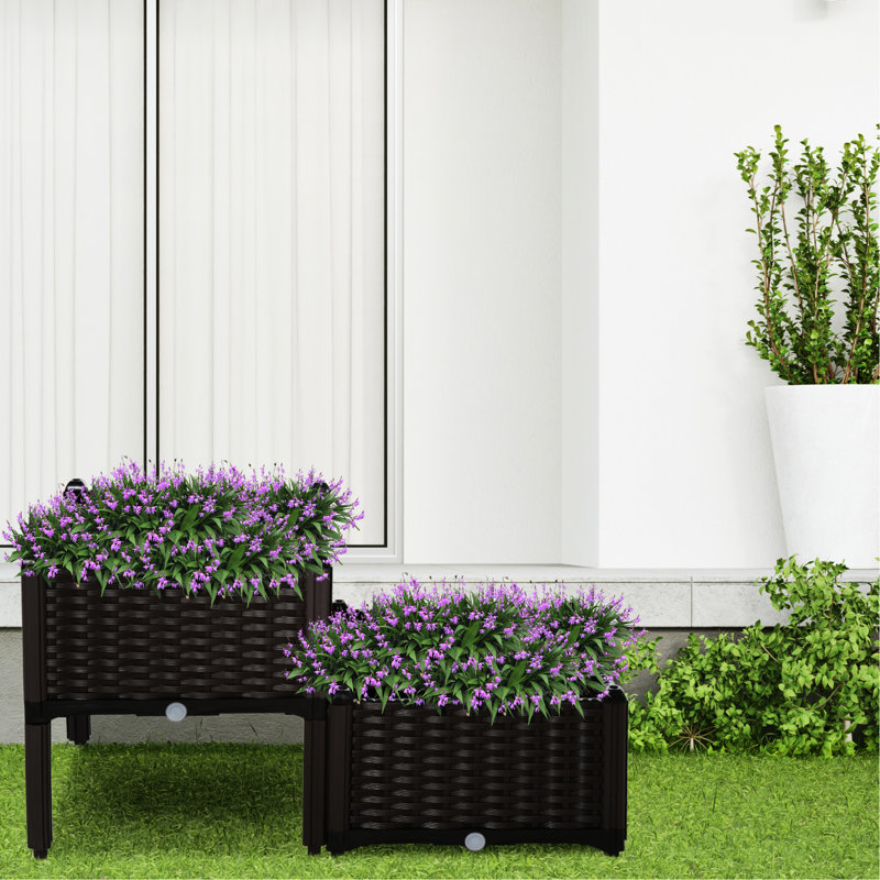 Lit de jardin surélevé avec pieds, jardinière à arrosage automatique. Gris, pour les plantes en croissance. Polypropylène, auto-vidange, petit espace adapté, 2 pièces. Couleur grise, fleurs, herbes, légumes. Polypropylène