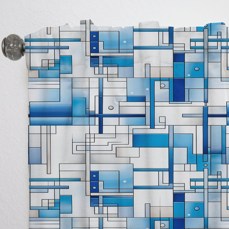 Rideau obscurcissant rétro géométrique blanc et bleu rétro - 1 panneau, L 52 po x L 95 po