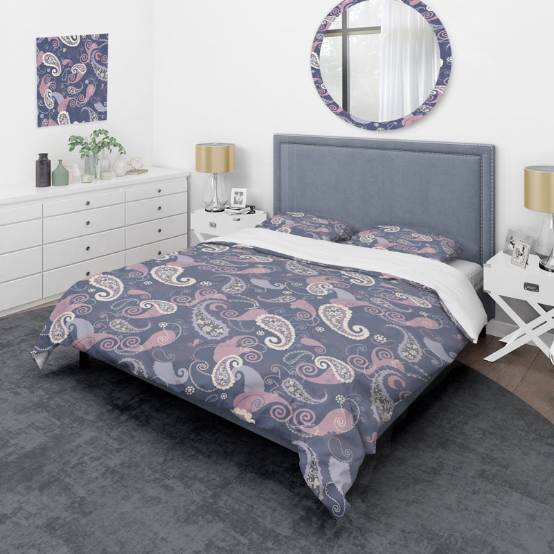 Ensemble de housse de couette à motif floral gris et rose à motif cachemire