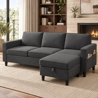 78" Convertible L-Shaped Sectional Sofa with Side Pockets, Linen 3-Seat Couch with Reversible Storage Ottoman,Dark Grey