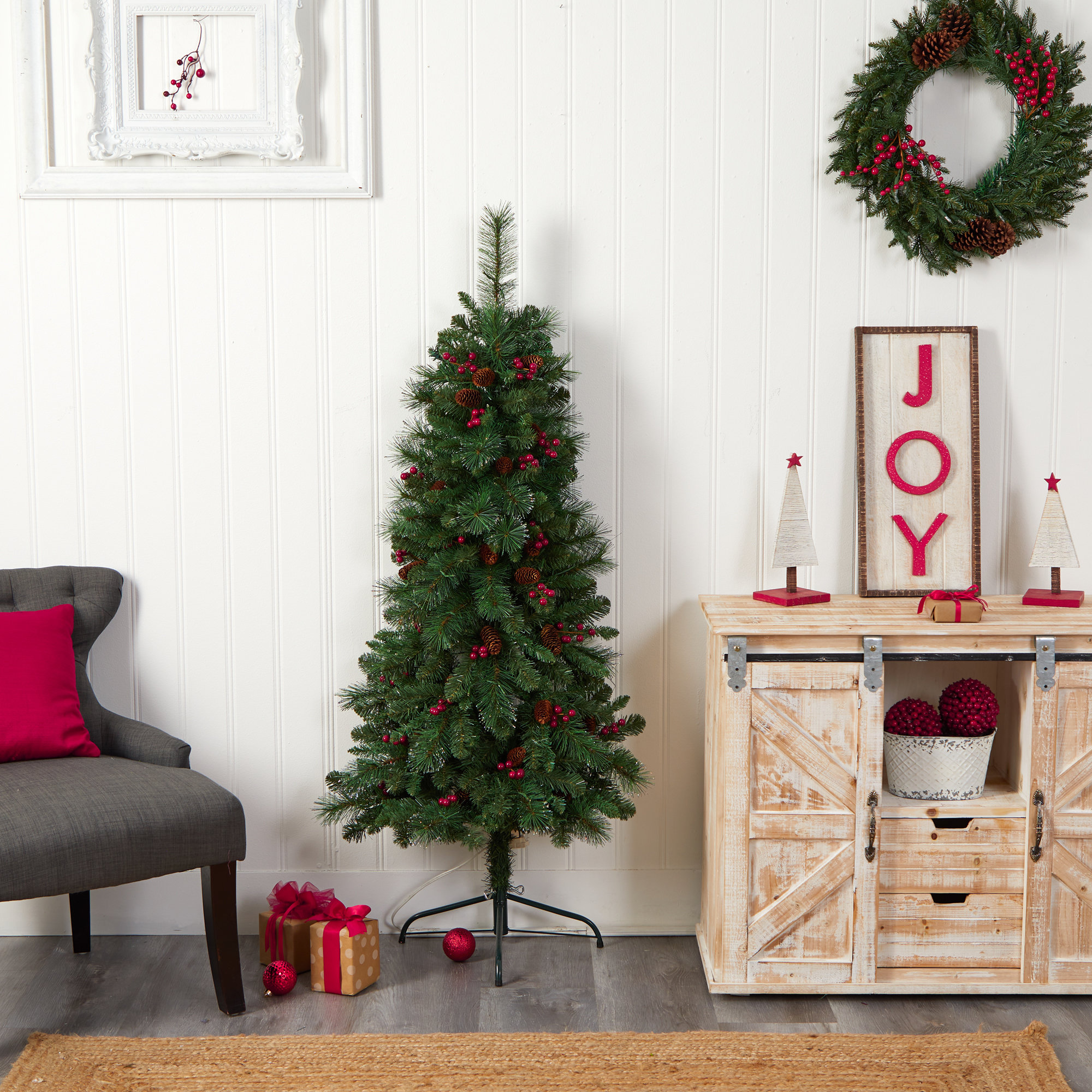 The Holiday Aisle® Green Pine Cashmere Christmas Tree with LED Lights ...