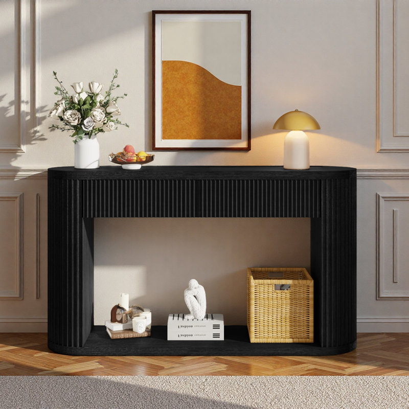 Console ovale cannelée avec 2 tiroirs et tablette inférieure, Black