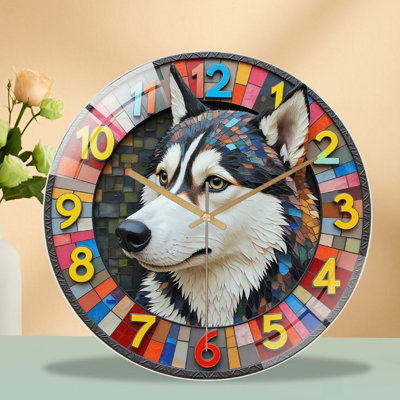 Husky Dog Mosaic Wall Clock for Home Decor Art - 12'' Modern Glass Wall Clock