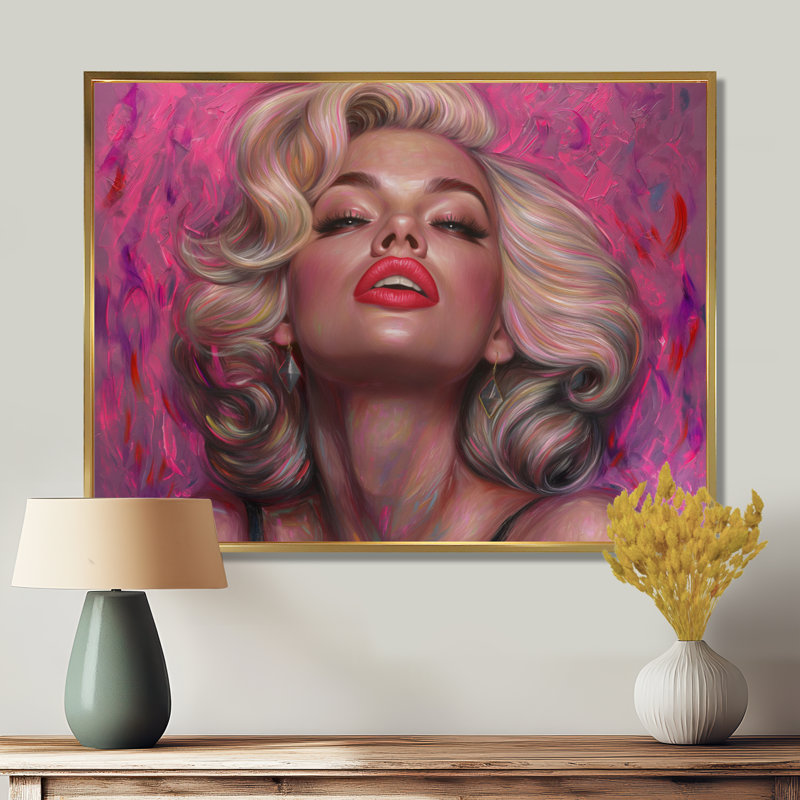 «Pink Marilyn Woman Pop Art Portrait», art mural sur toile mode femme, Cadre flottant doré, H 24 po x l 32 po x P 1 po
