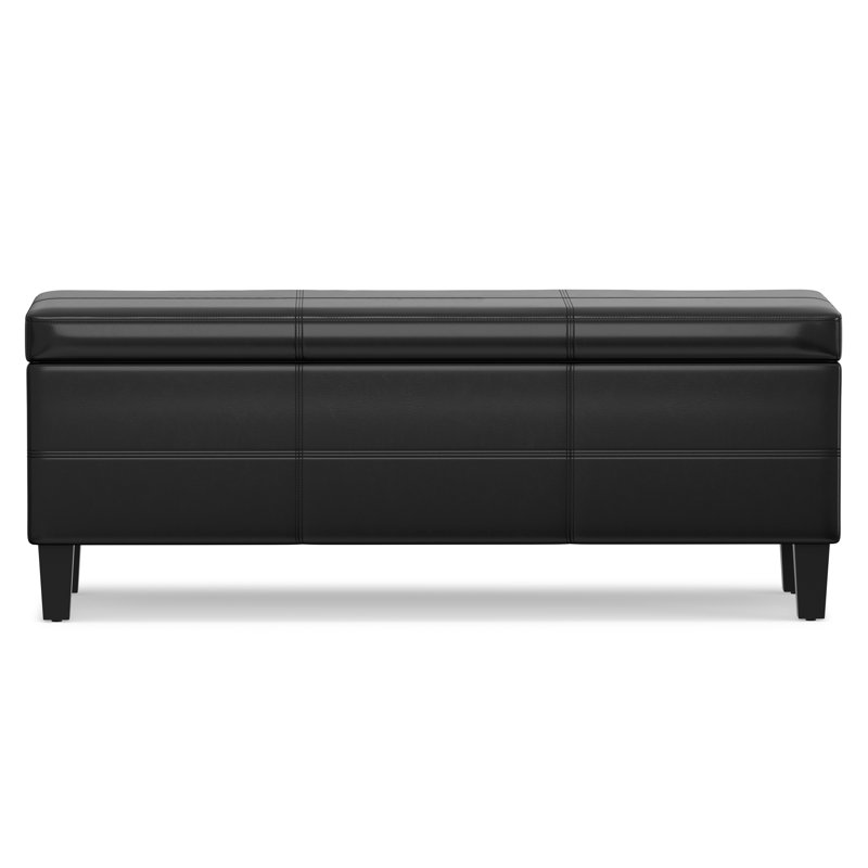 Afton 48"W Solid Wood Contemporary Storage Ottoman Bench with Lift-Top in Vegan Leather, Midnight Black Faux Leather