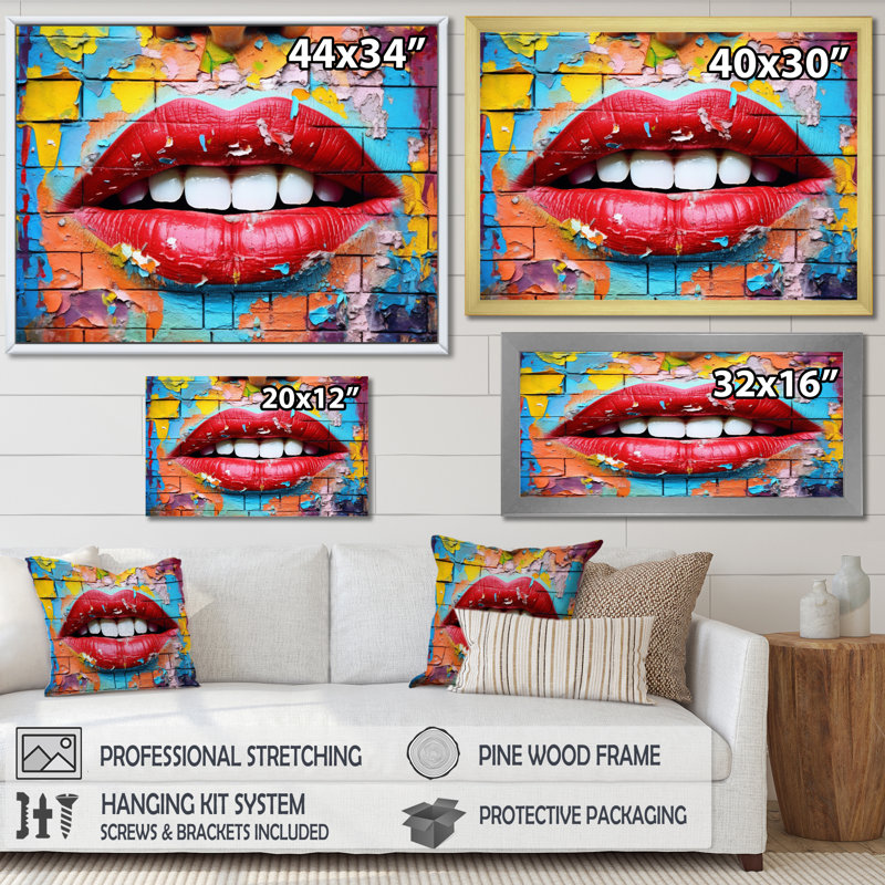 Graffiti sur les lèvres, reproduction sur toile, Cadre flottant doré, H 24 po x l 32 po x P 1 po