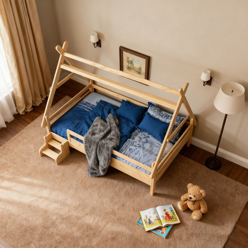 Lit plateforme House avec escalier, structure de lit en bois massif, profil bas et design amusant enfantin, Double, Naturel