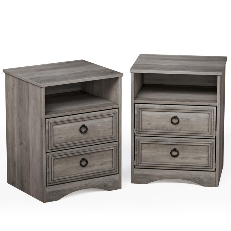 Gray Wash 2-Drawer Nightstand Set with Metal Handles
