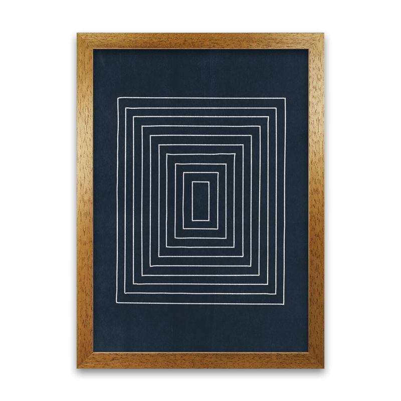 Lino Style Blue Geometric Squares - Print, Oak Frame, 59cm H x 42cm W x 3cm D