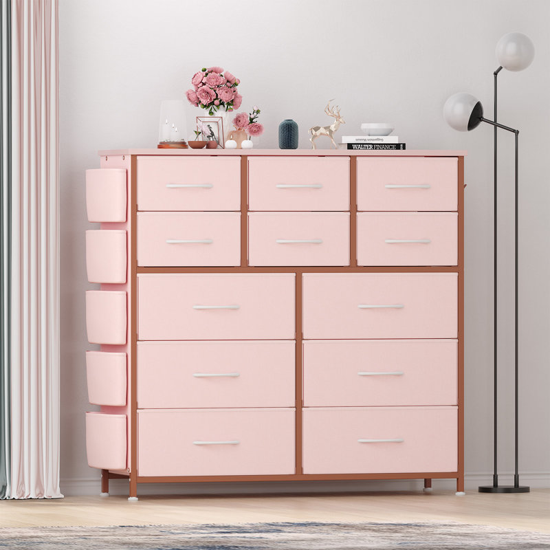 Commode pour chambre à coucher, commode de rangement haute avec 12 tiroirs en tissu et poches latérales, commode de tiroirs