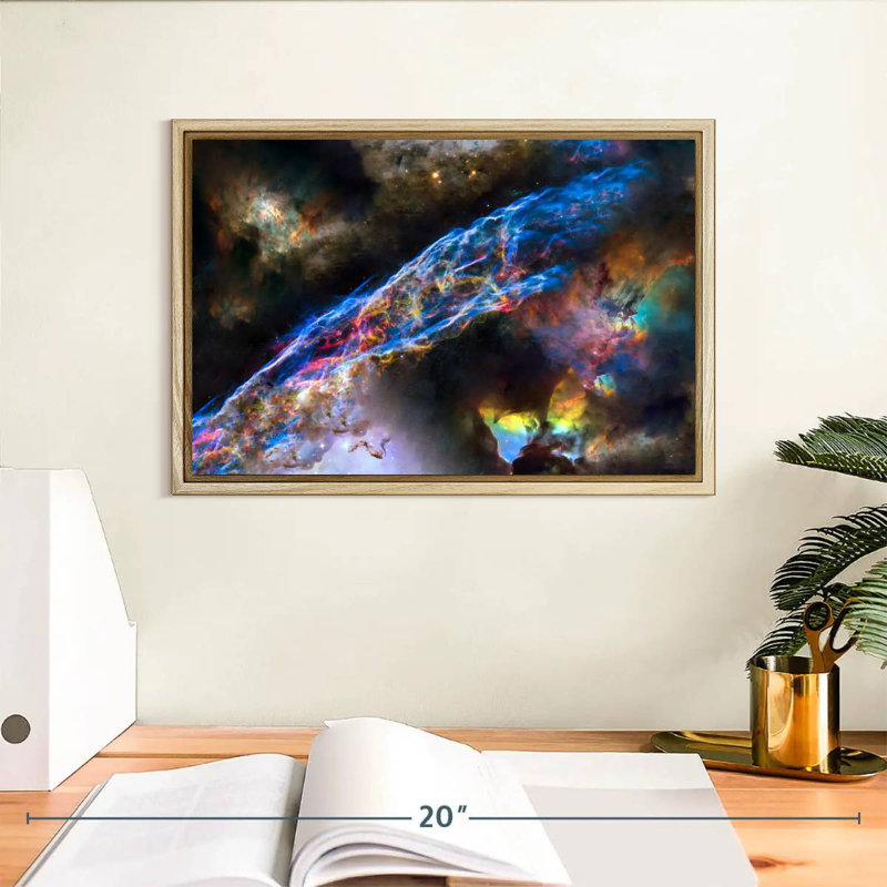 Glowing Veil Nebula, Floating Frame Natural Wood, 13" X 9"