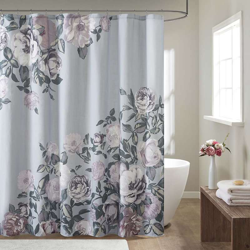 Rideau de douche en coton à imprimé floral, Gris