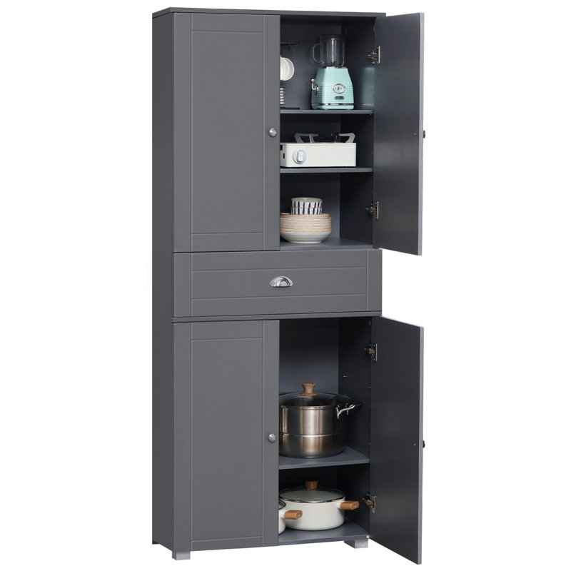 Armoire de cuisine 72 po sur pied, armoire de rangement haute avec 4 portes, tiroir et tablettes réglables pour la salle à manger, gris