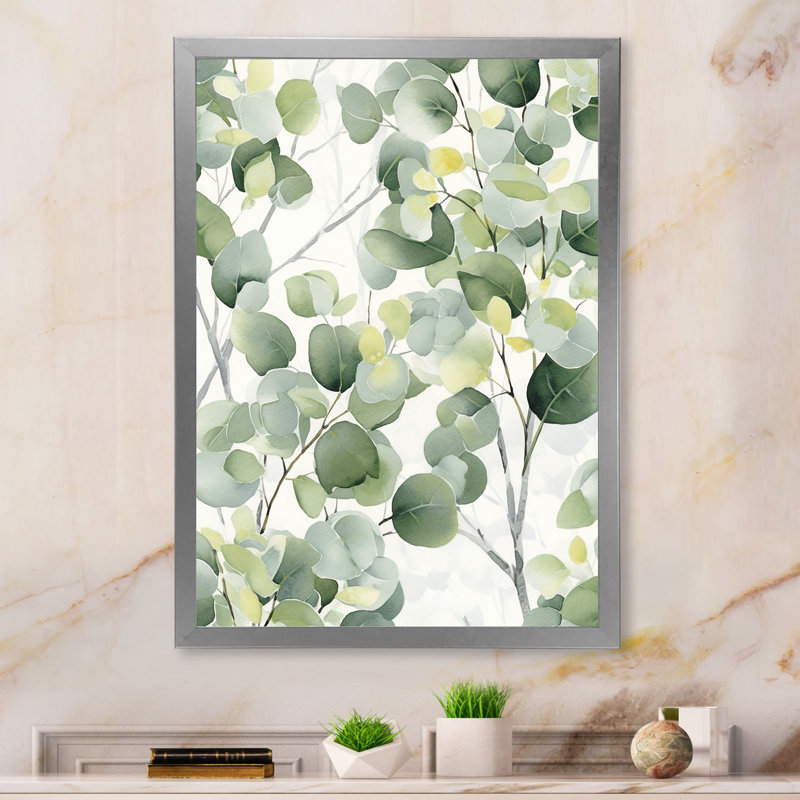 «White Green Minimalisme Eucalyptus Essence IV» sur toile, Cadre photo argenté, H 32 po x l 16 po x P 1 po