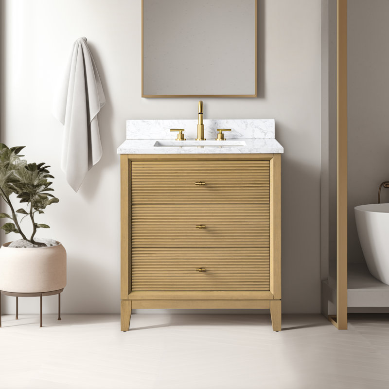 Meuble-lavabo autoportant à simple cuve 30 po avec plateau en marbre Caldwell, Arabescato blanc, Chêne naturel, Doré brossé