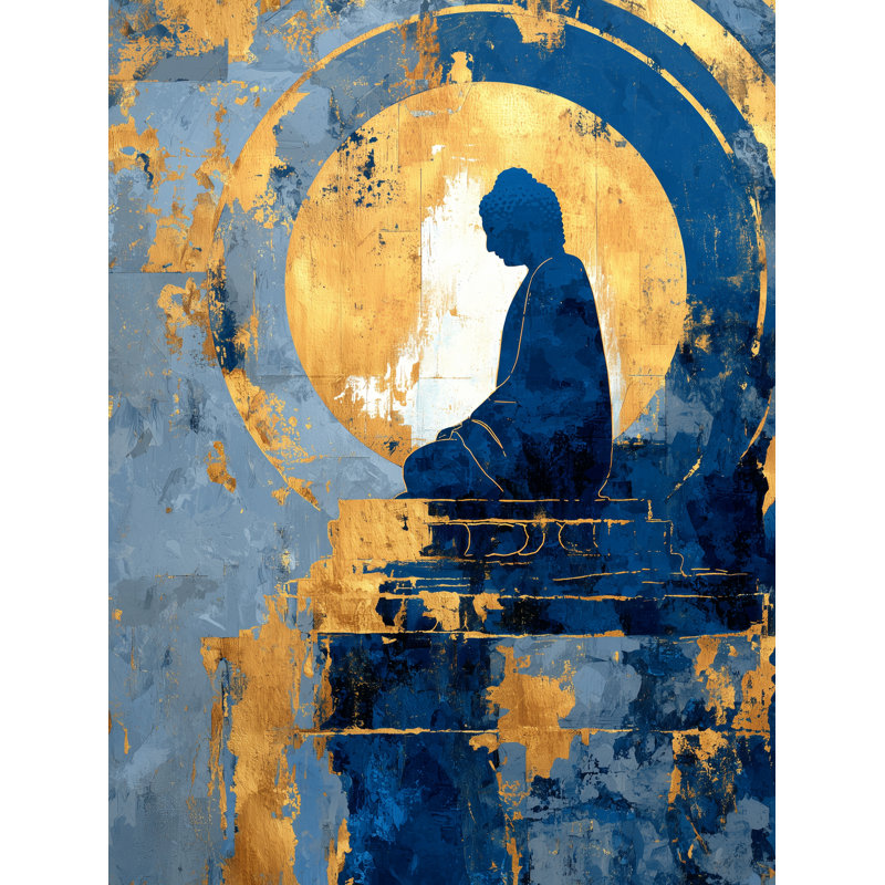 Abstrait méditation bouddha sur toile tendue bleue et dorée, H 24 po x l 16 po x P 1,5 po