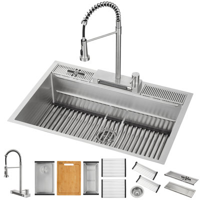 FORNO ACQUA 33 in. Drop-In/Undermount 3-Level MultiSINK Workstation Sink with Waterfall Faucet & Glass Rinser
