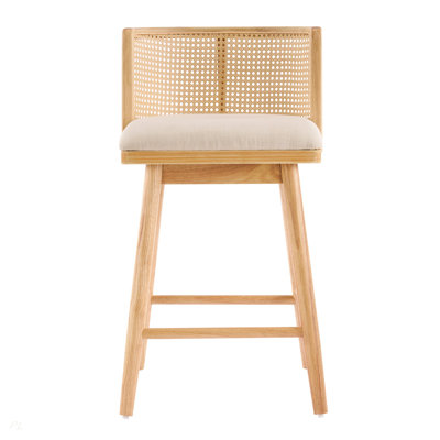 Tabouret de comptoir d'intérieur revêtu de bois, chaise de bar, structure de finition naturelle avec revêtement beige, ensemble de 2