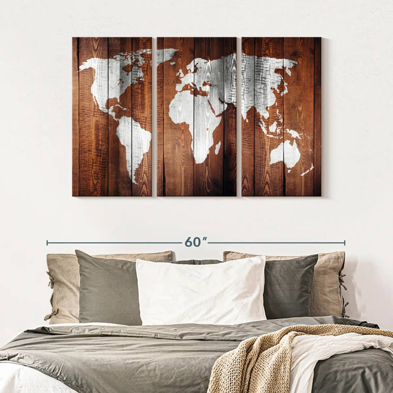 World Map " Chestnut World Map " 3 Piece Art Set, 50" H x 32" W x 1.25" D