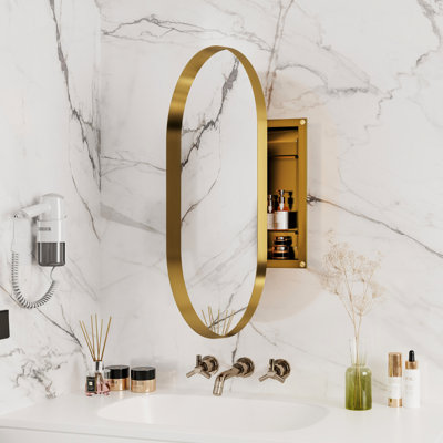 Armoire encastrée ovale 20 po x 34 po avec miroir et tablette de rangement réglable pour salle de bain, étagères à pharmacie encadrées en métal mat