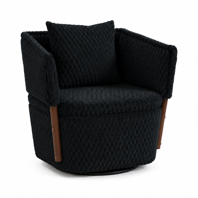 Fauteuil demi-tonneau pivotant de 25,6 po de largeur avec rangement caché et coussin lombaire, Noir