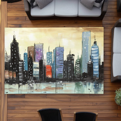 Skyline Abstract Cityscape Yellow Outdoor Area Rug | Home Decor