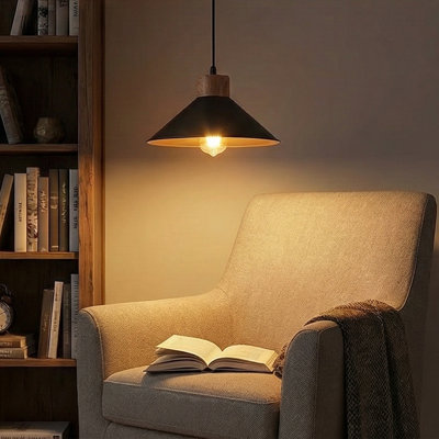 Adjustable Height Metal Body Single Pendant With Wooden Base
