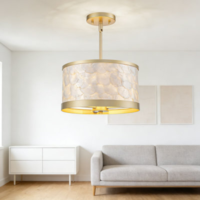 Lustre tambour Capiz avec cadre doré, luminaire suspendu à hauteur réglable pour salle à manger côtière, salon, îlot de cuisine