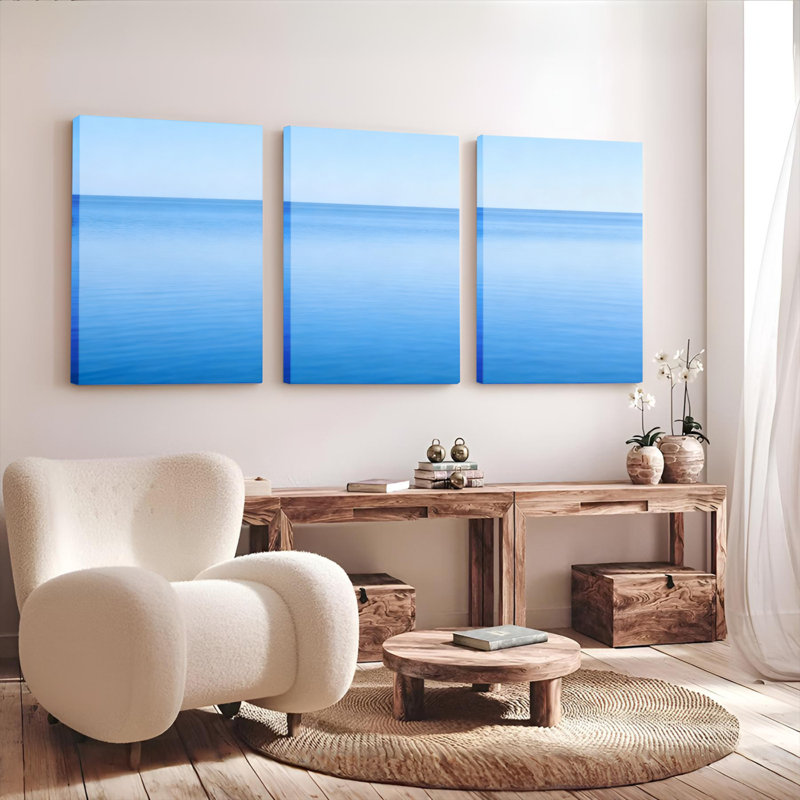 Ensemble de 3 tableaux muraux sur toile bleue dégradée représentant un horizon océanique, H 36 po x l 72 po
