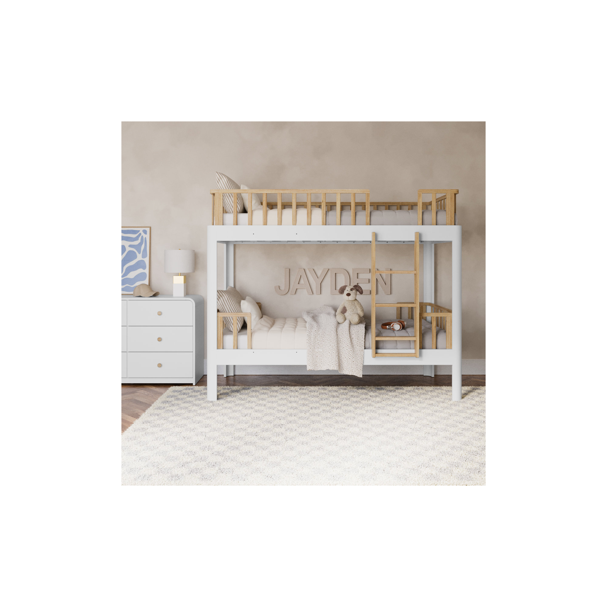 Santos Twin-Over-Twin Bunk Bed, White/Natural