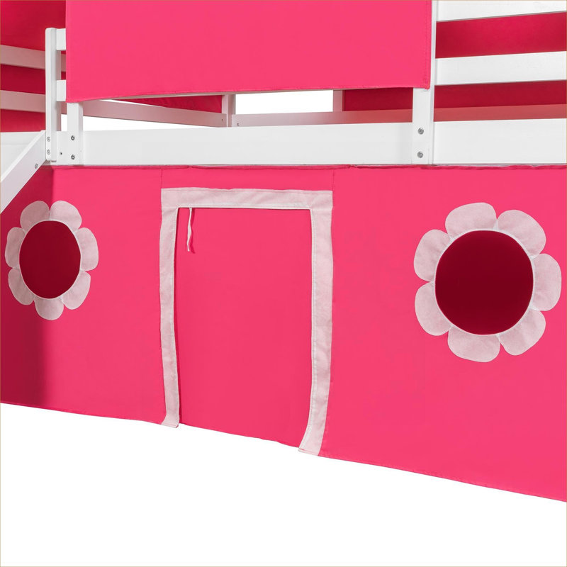 Lit mezzanine pleine grandeur pour enfant, construction en bois massif compacte avec finition rose et éléments de jeu