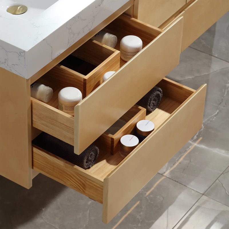 Fully assembled 60" Oak Floating Bathroom Vanity Modern Wall-Mounted Double Basin Bathroom Dressing Table Set