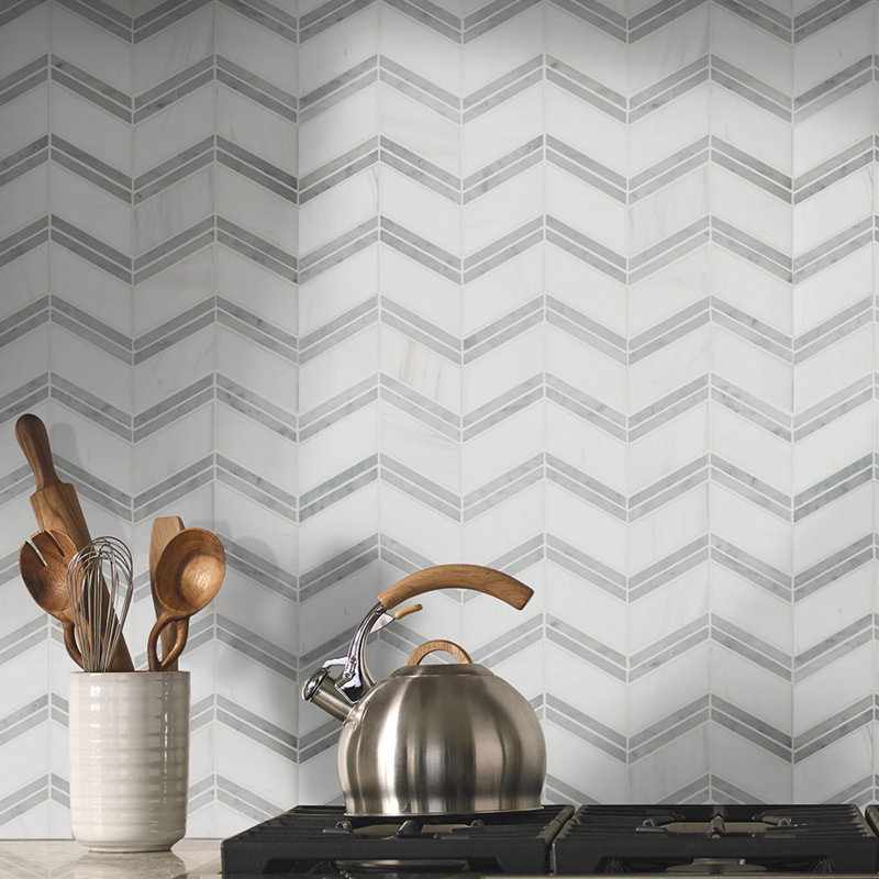 Calabria Frost Chevron 12 in. x 12 in. Polished Marble Mosaic Floor and Wall Tile