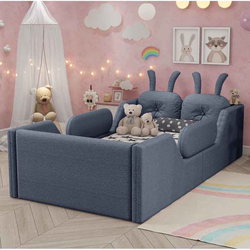 Lit plateforme simple tapissier avec coussin en lapin, Gris