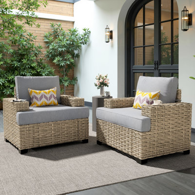 Carolle Modern Outdoor Pe Wicker Armchairs (Set Of 2) With Cushions, Wide-Arm Patio Chairs For Outdoor Use
