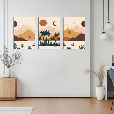 Ensemble de 3 tableaux sur toile représentant un paysage désertique avec palmiers et montagnes
