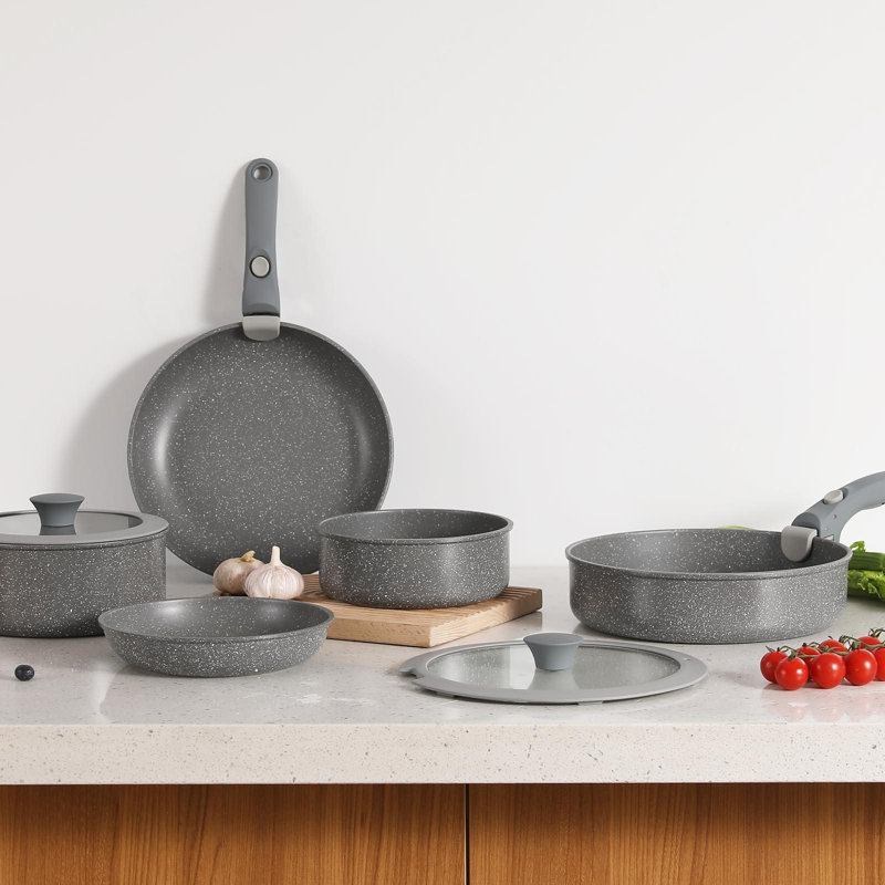 9-Piece Ceramic Non-Stick Cookware Set with Removable Handles, Grey